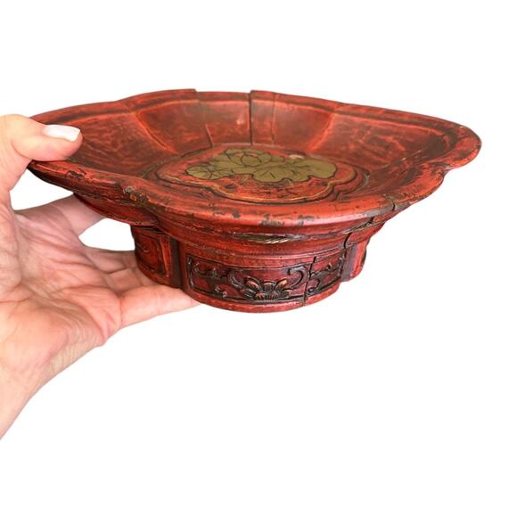Vintage Hand Created Chinese Carved Wooden Red Gold Bowl - Picture 3 of 12
